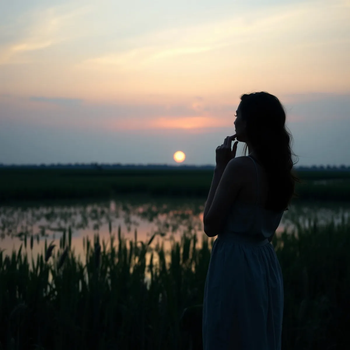A person standing alone at the water’s edge at dusk, looking out
